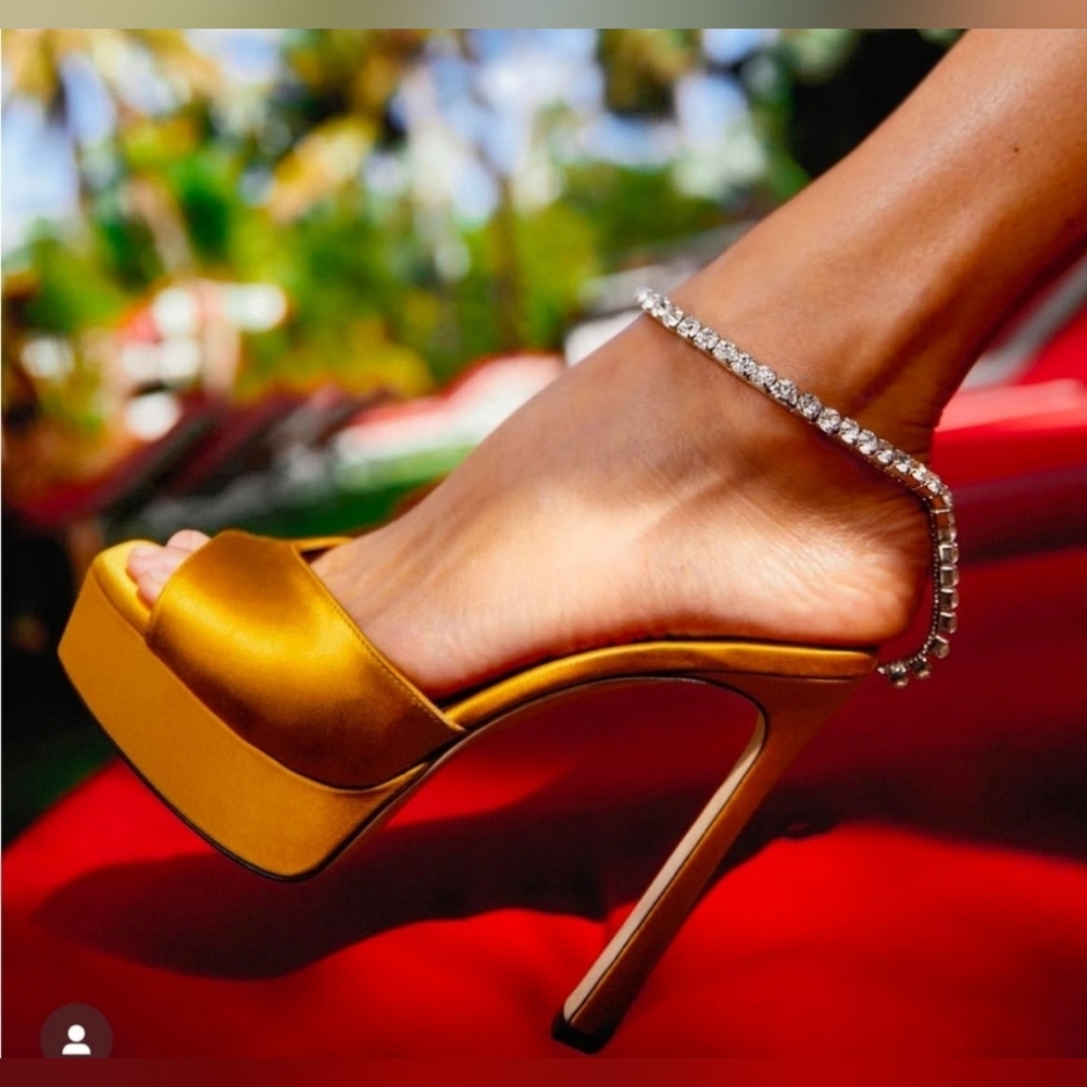 Jimmy Choo Saeda Platform Sandal Yellow Crystal Ankle Strap 37 luxury wedding - Picture 15 of 15